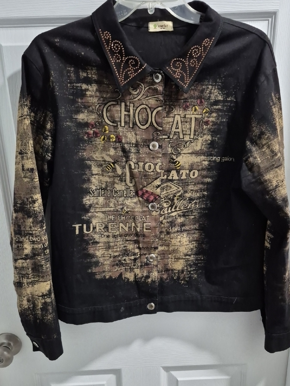 Cactus Black Distressed Chocolate Print Jean Jacket